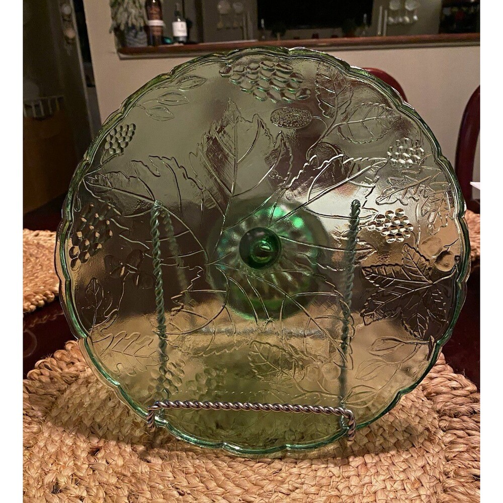 Green Pressed Glass Grape & Leaf Pedestal Cake Stand, Round 12in x 4in